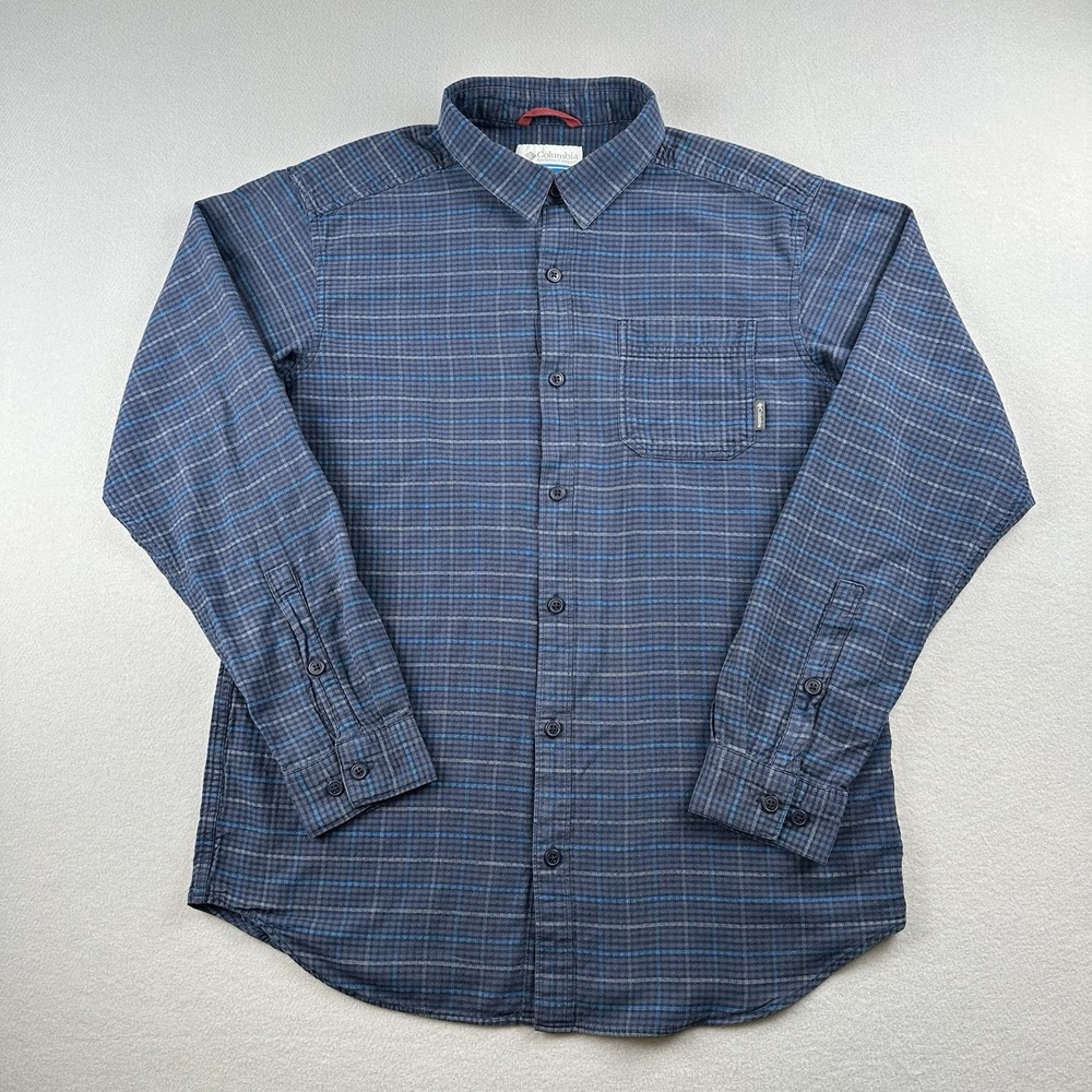Columbia Shirt Men's L Navy Blue Plaid‎ Long Sleeve Classic Collared Button-Up
